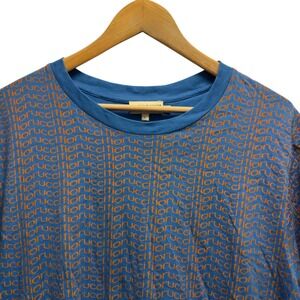 Fiorucci Men's Sz Large Blue Orange AOP Spellout Logo Crewneck T-Shirt Italy euc